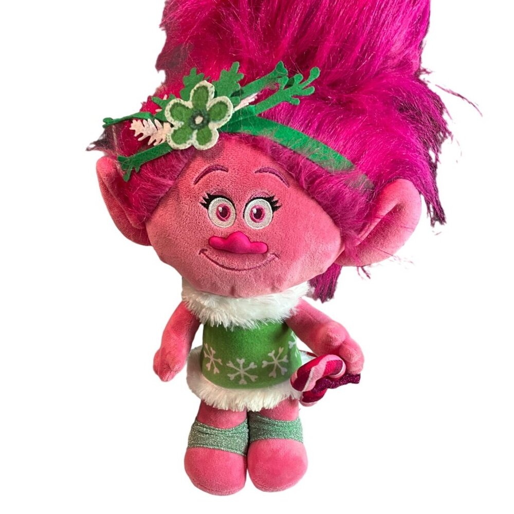 DreamWorks Trolls Plush Poppy Doll Christmas Edition 17" Pink Hair & Green Dress